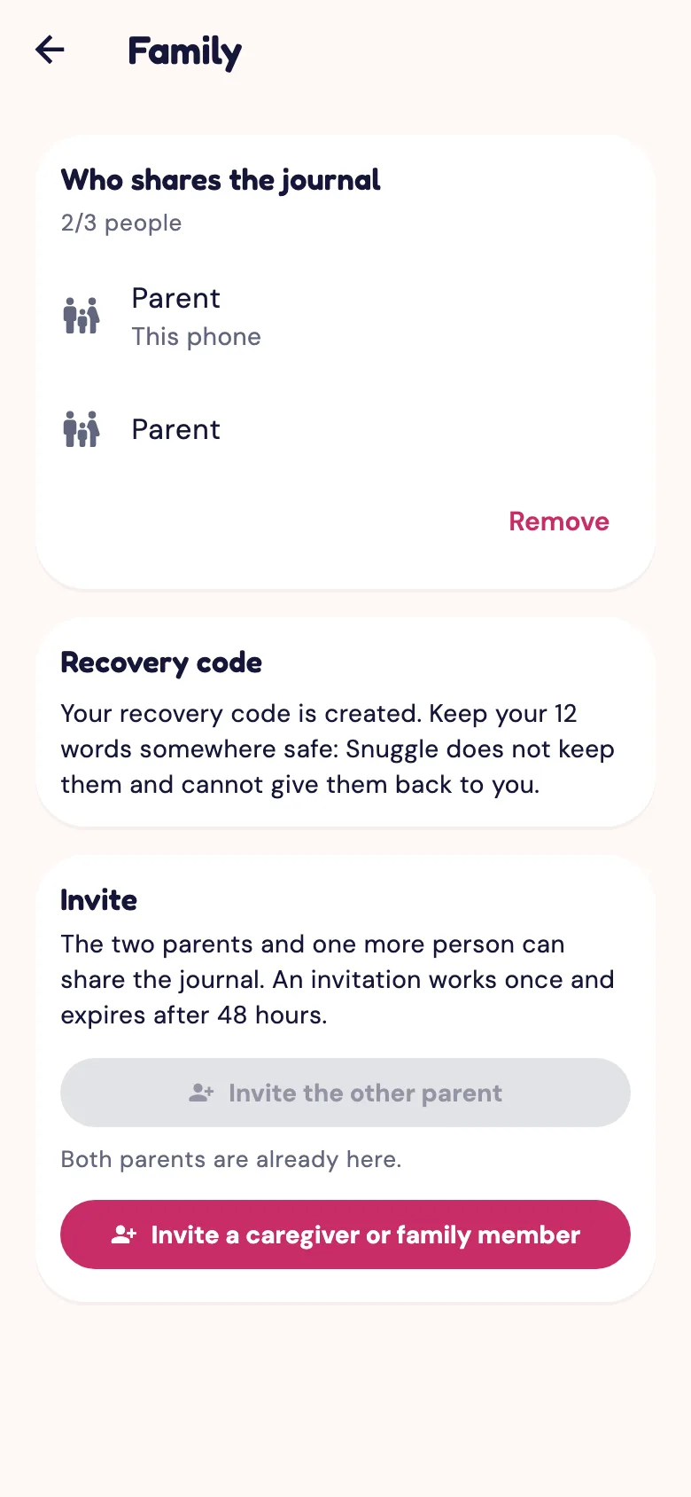 The Family screen of the Snuggle app