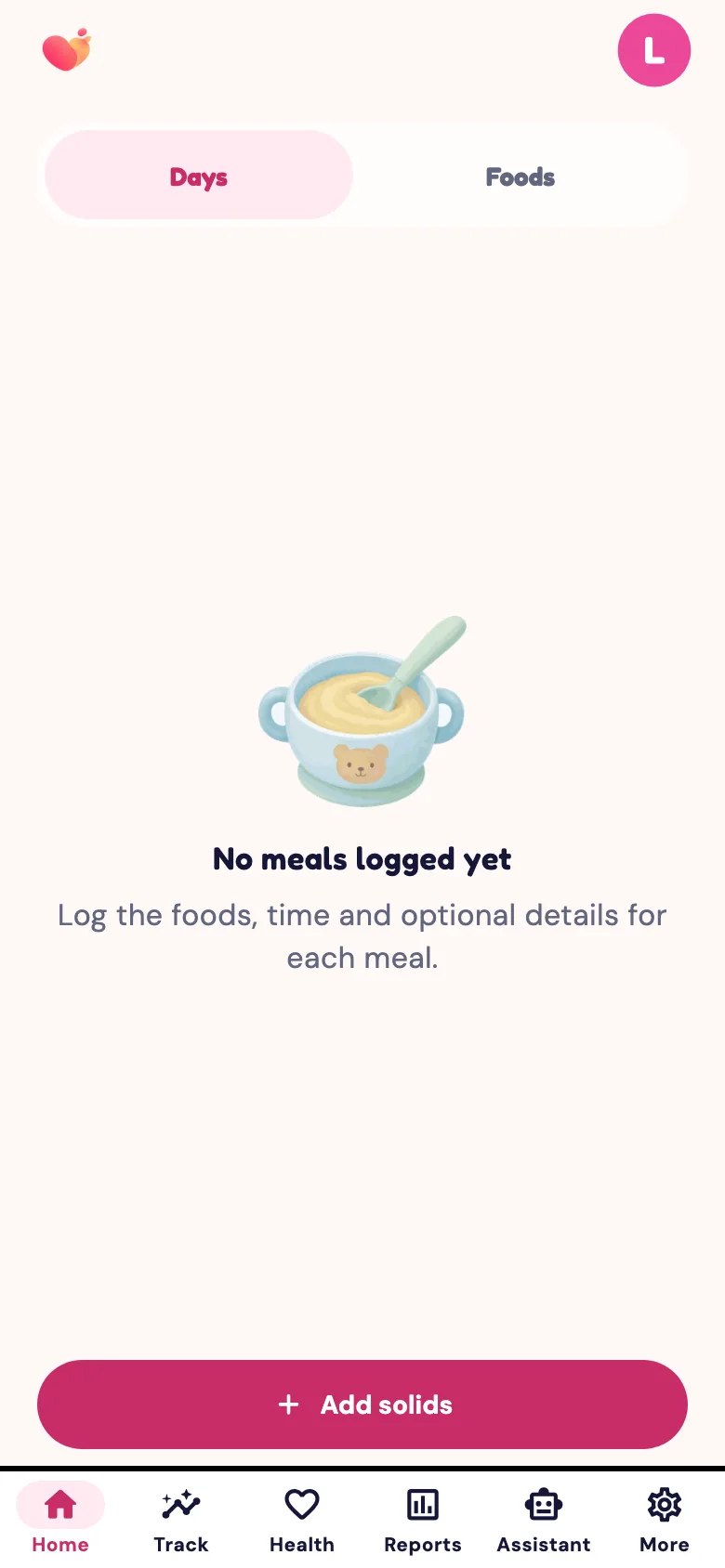 The Solid foods screen of the Snuggle app