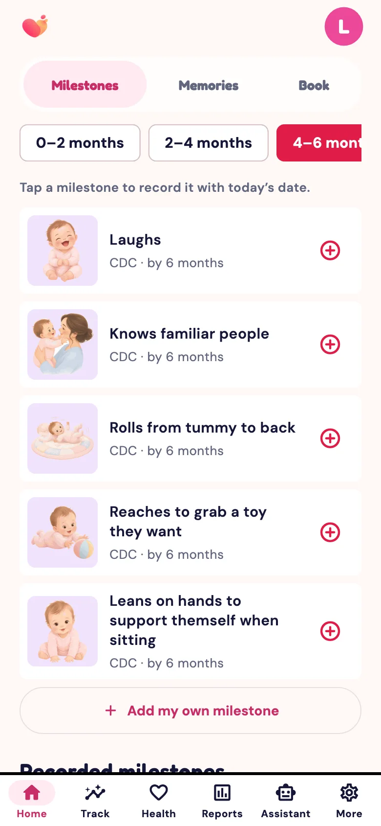The Milestones screen of the Snuggle app