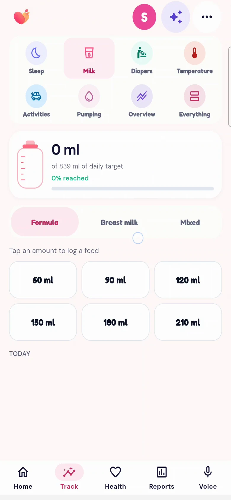 The Milk screen of the Snuggle app
