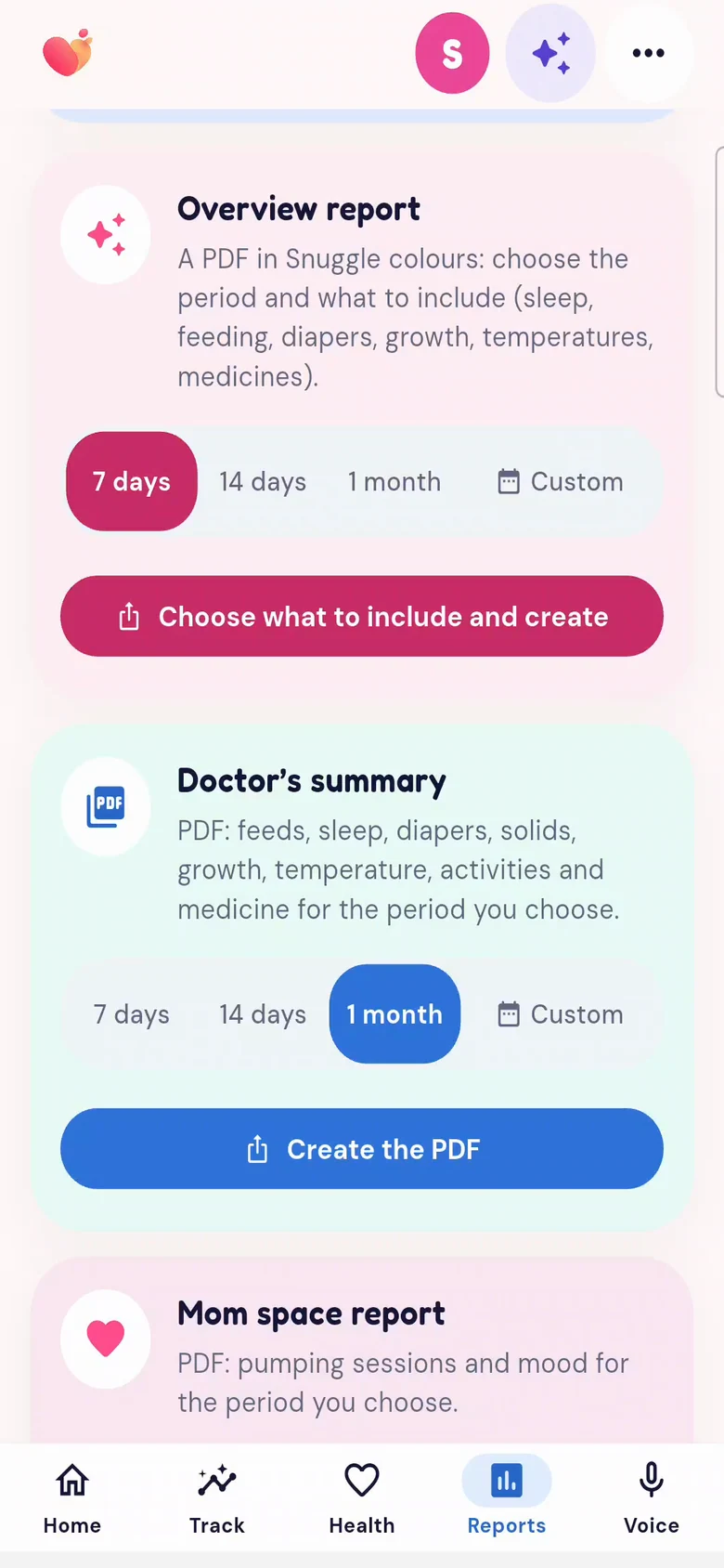 The Reports screen of the Snuggle app