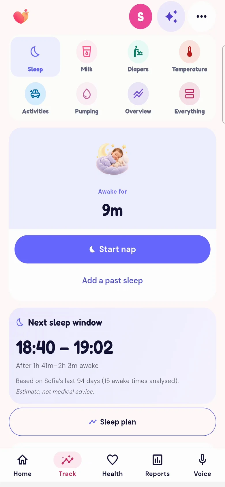 The Sleep screen of the Snuggle app