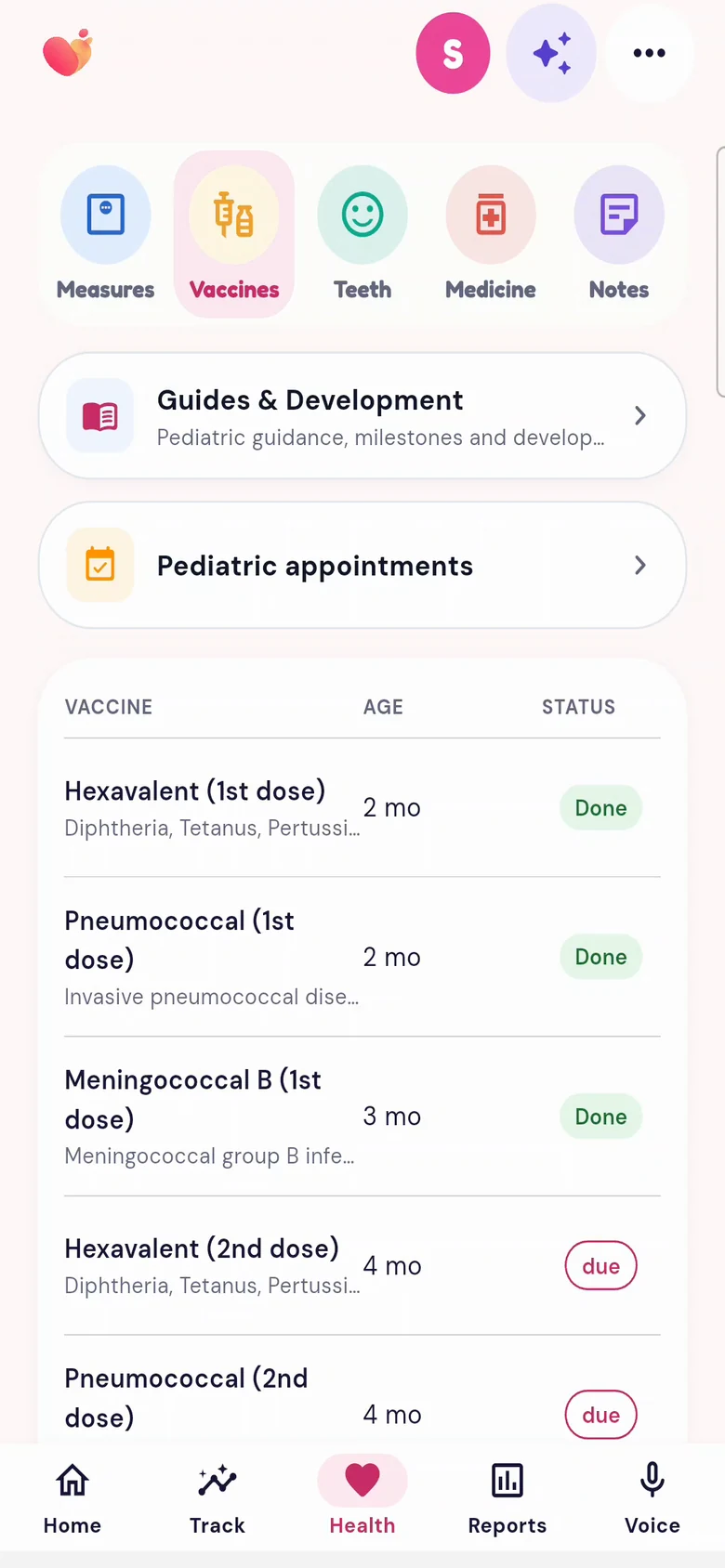 The Vaccines screen of the Snuggle app