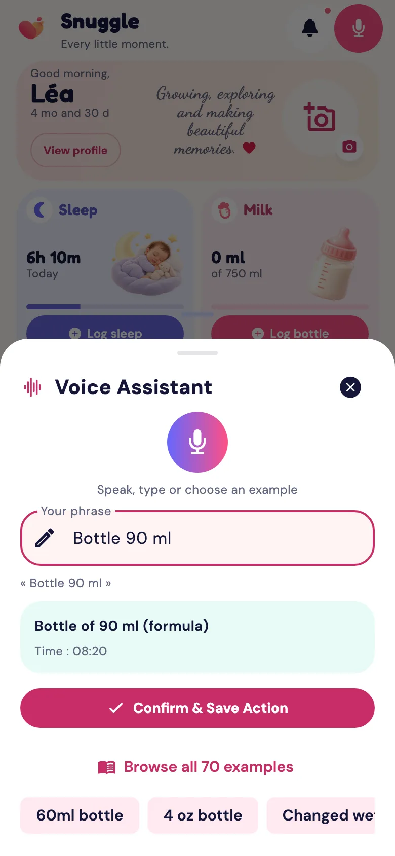 Voice entry in the Snuggle app: the phrase “Bottle 90 ml” understood as a bottle of 90 ml, with a button to confirm