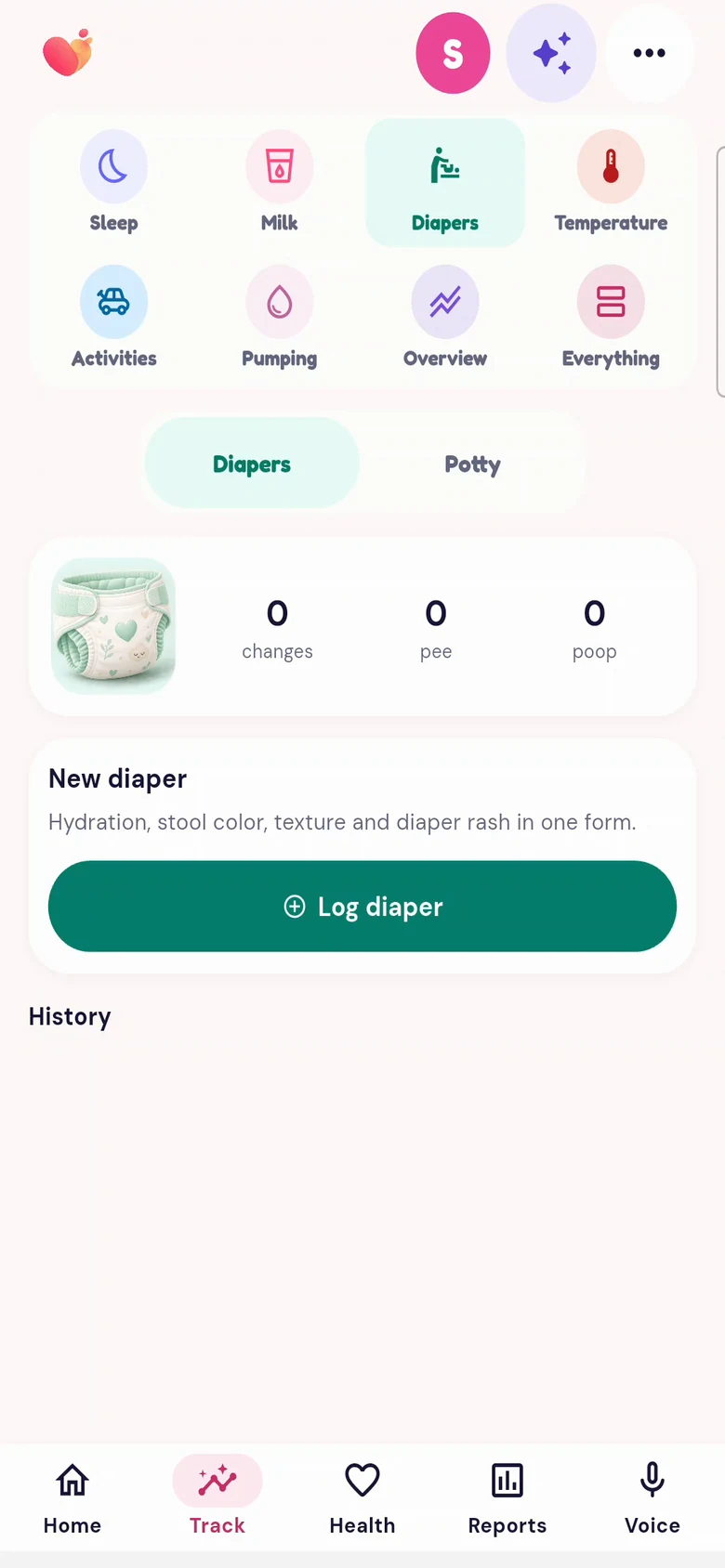 L’écran Couches de l’application Snuggle