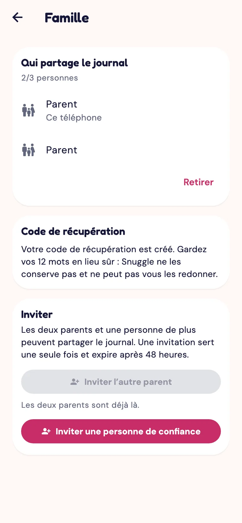 L’écran Famille de l’application Snuggle