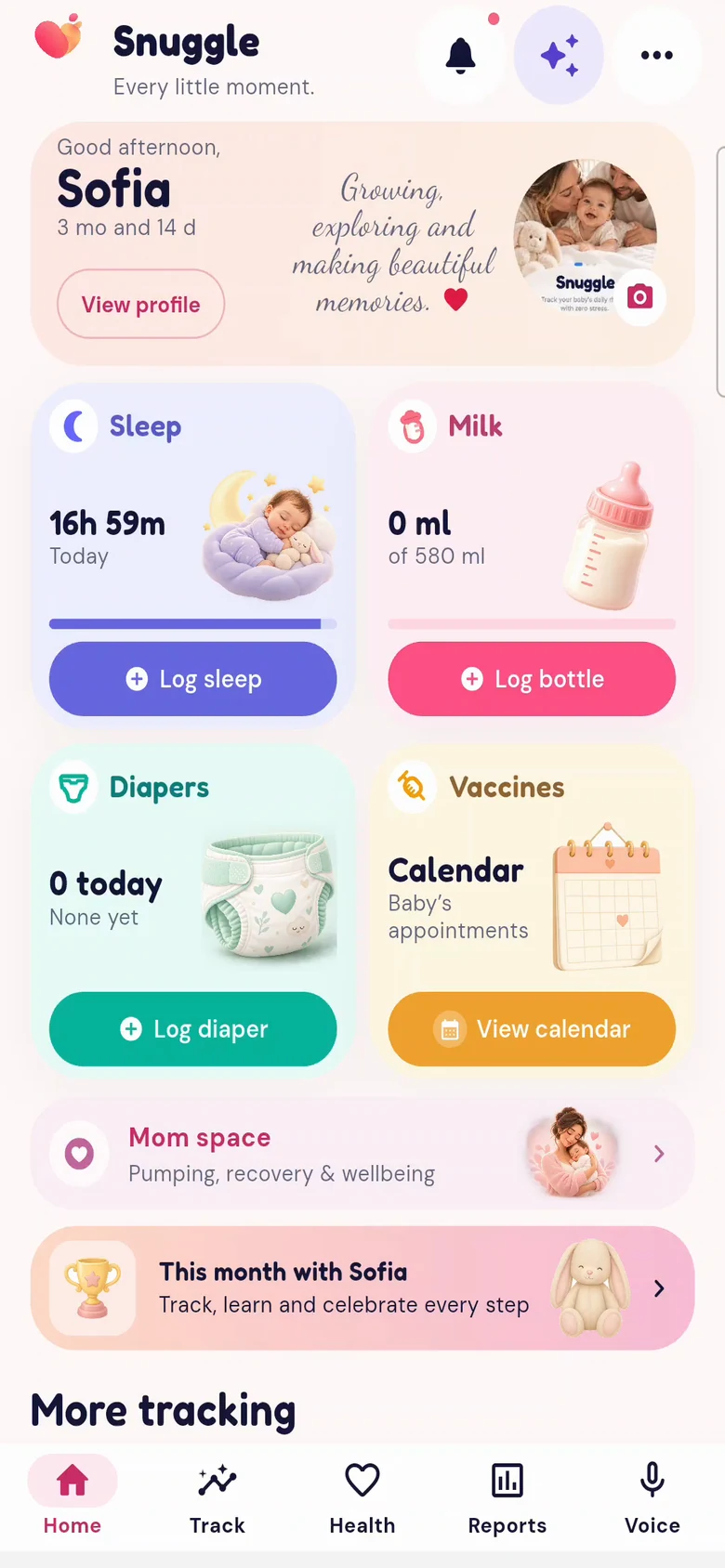 L’écran Accueil de l’application Snuggle