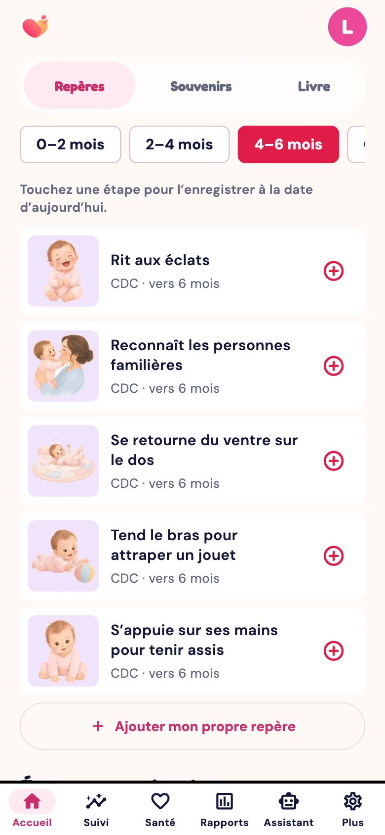 L’écran Étapes clés de l’application Snuggle