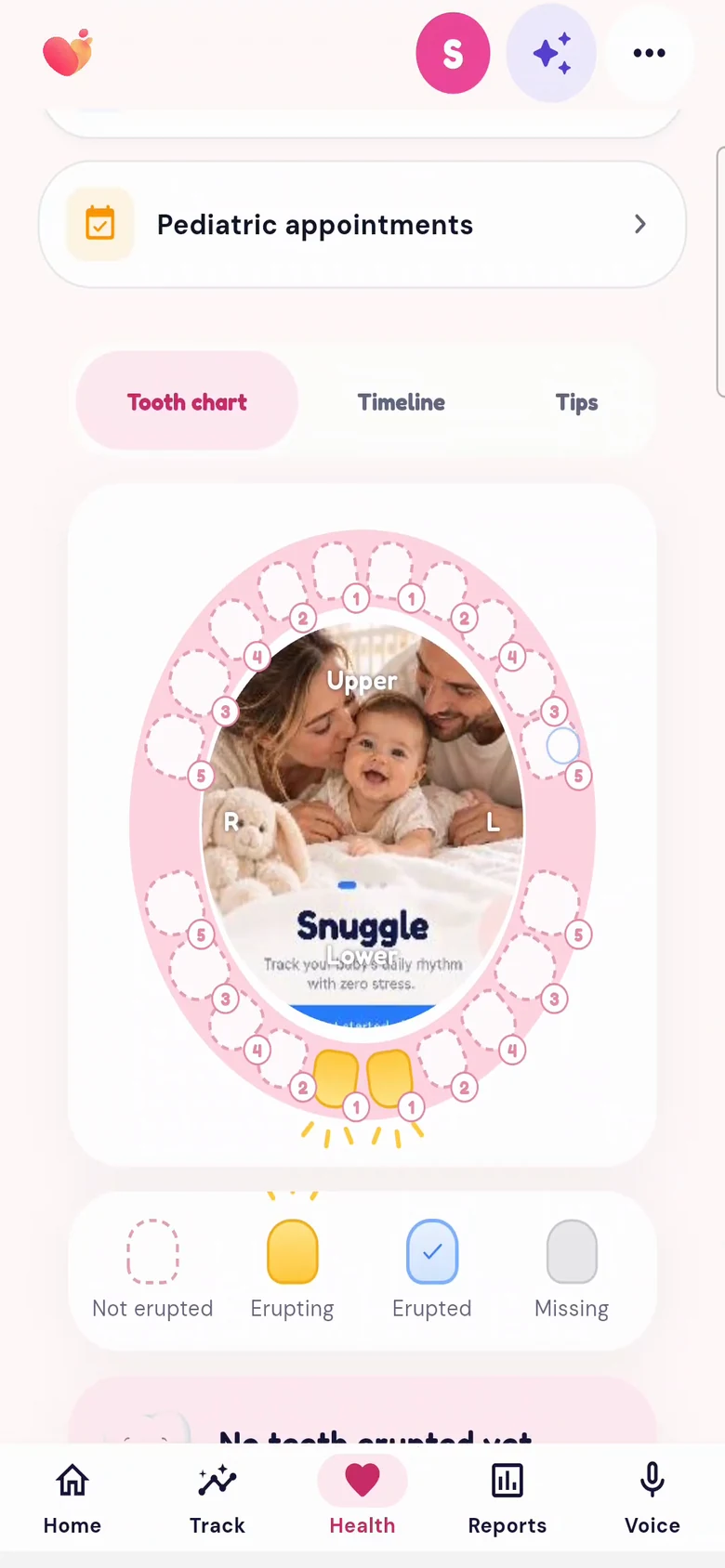 L’écran Dents de l’application Snuggle