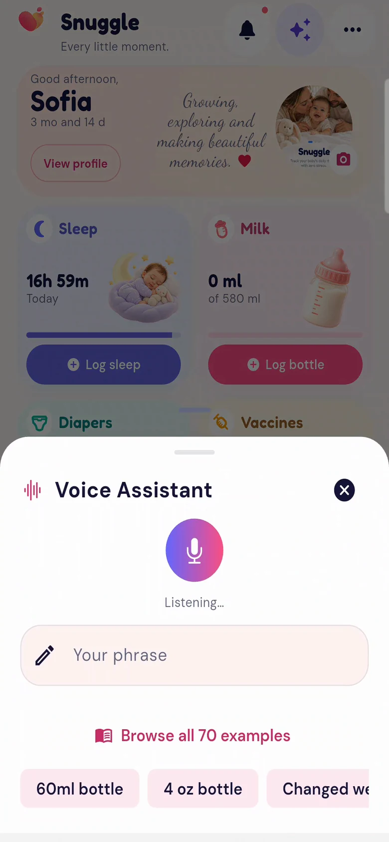 L’écran Saisie vocale de l’application Snuggle