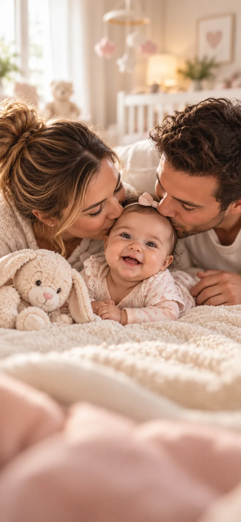 Two parents embracing a smiling baby in a warm nursery